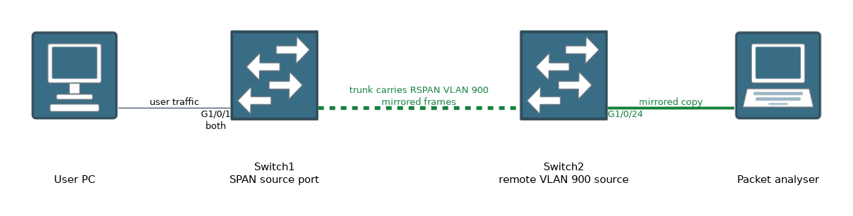 A user PC on port Gi1/0/1 of Switch1 is the SPAN source. Mirrored frames travel in RSPAN VLAN 900 across a trunk to Switch2, which sends them out Gi1/0/24 to a packet analyser.