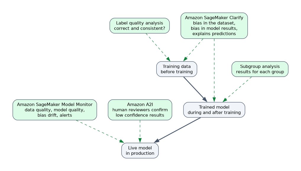 Bias and trust tools mapped to the stage they check: label quality analysis and Clarify on training data, Clarify and subgroup analysis on the trained model, Model Monitor and Amazon A2I on the live model.