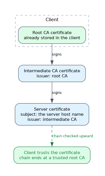 A root CA certificate stored in the client signs an intermediate CA, which signs the server certificate; the client trusts the certificate because the chain ends at a trusted root.