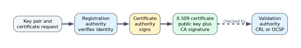 Certificate issuance in a PKI: a key pair and certificate request go to the registration authority to verify identity, the certificate authority signs an X.509 certificate, and relying parties check it with a CRL or OCSP.