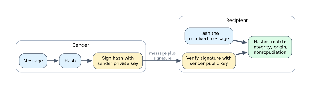 Digital signature: the sender hashes the message and signs the hash with the sender's private key; the recipient verifies the signature with the sender's public key and compares hashes, proving integrity, origin and nonrepudiation.