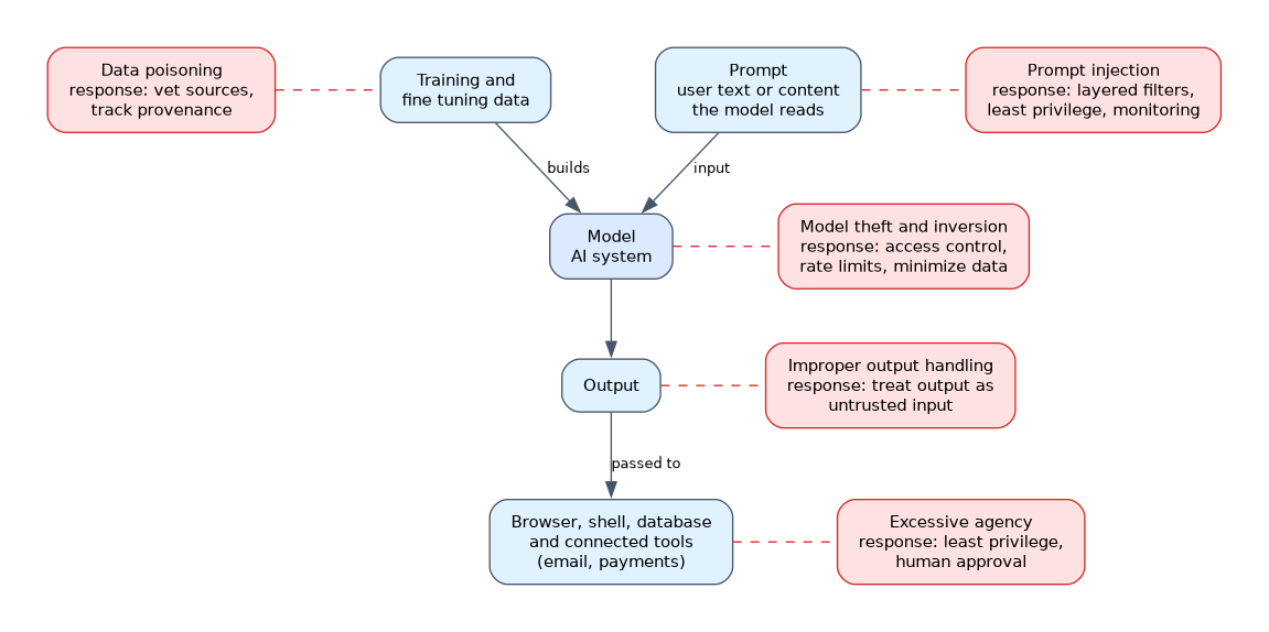 A flow from training data and prompts into the model, then to its output and on to browsers, shells, databases and connected tools, with the risk at each point (data poisoning, prompt injection, model theft and inversion, improper output handling, excessive agency) and its typical response.