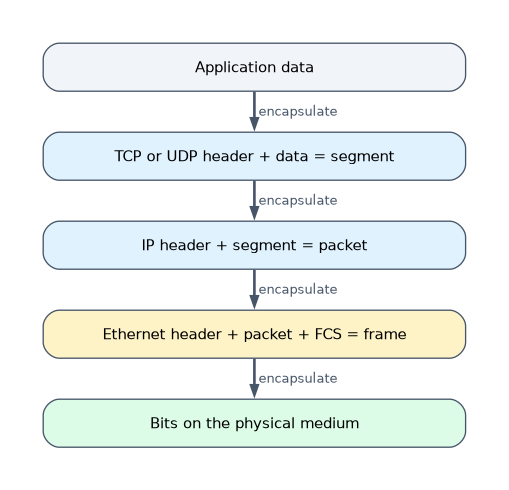 Encapsulation down the stack: application data gets a TCP or UDP header to become a segment, an IP header to become a packet, an Ethernet header and FCS to become a frame, and is sent as bits on the physical medium.