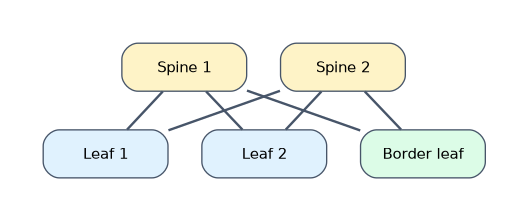 Spine and leaf fabric: two spine switches each connect to every leaf, including a border leaf; leaves do not connect to each other and spines do not connect to each other.