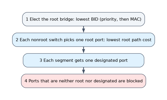 STP election in four steps: elect the root bridge with the lowest bridge ID, each nonroot switch picks one root port with the lowest root path cost, each segment gets one designated port, and the remaining ports are blocked.