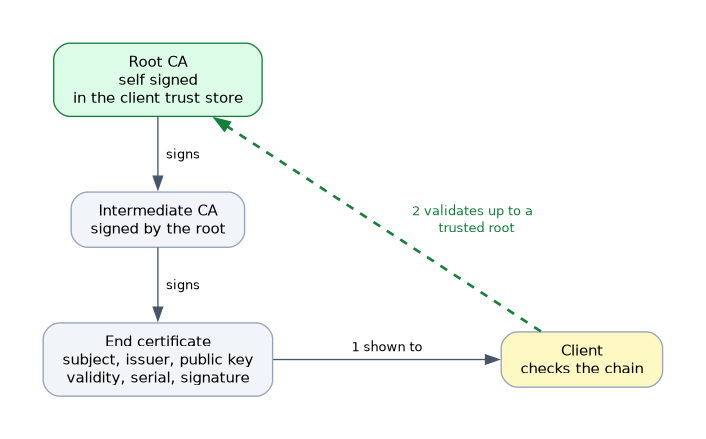 A self signed root CA in the client trust store signs an intermediate CA, which signs the end certificate. The client receives the end certificate and validates the chain up to a trusted root.