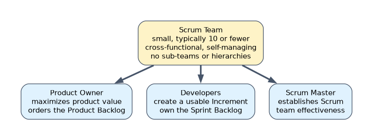 A Scrum Team is small, typically 10 or fewer, cross-functional and self-managing with no sub-teams or hierarchies; the Product Owner maximizes value and orders the Product Backlog, the Developers create a usable Increment, and the Scrum Master establishes Scrum.