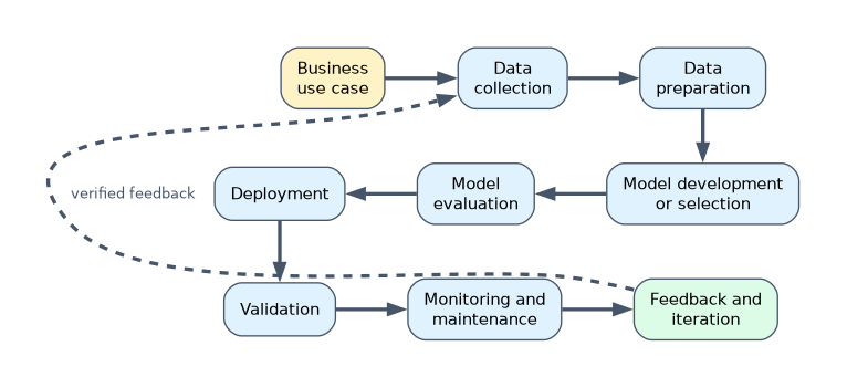 The AI life cycle: business use case, data collection, data preparation, model development or selection, model evaluation, deployment, validation, monitoring and maintenance, and feedback and iteration, with only verified feedback flowing back into data collection.