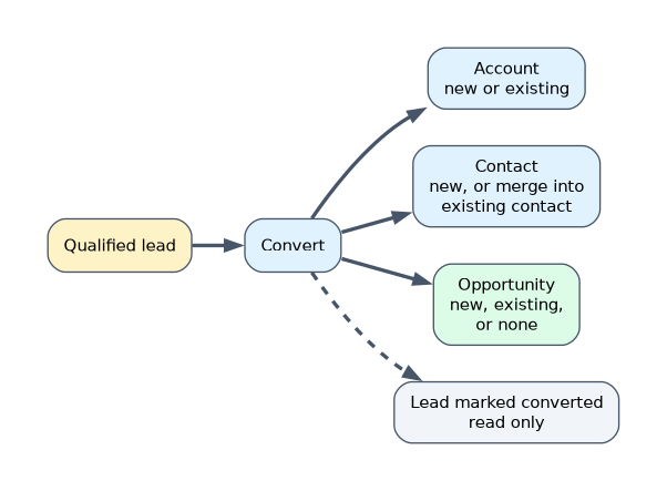 Converting a qualified lead creates or links an account, creates a contact or merges into an existing contact, and creates, links or skips an opportunity; the lead is then marked converted and becomes read only.