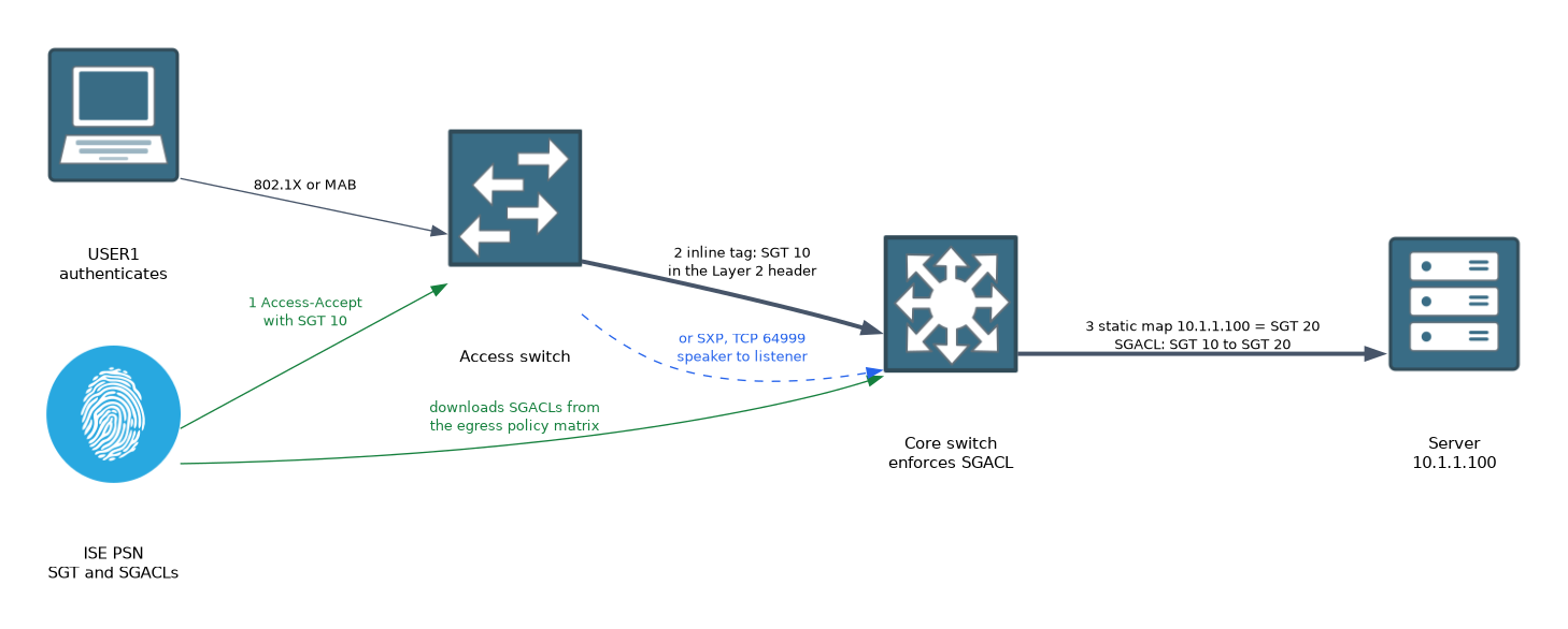 ISE assigns SGT 10 to a user at the access switch, the tag travels to the core switch inline or over SXP, and the core switch tags the server as SGT 20 and enforces the SGACL downloaded from ISE.
