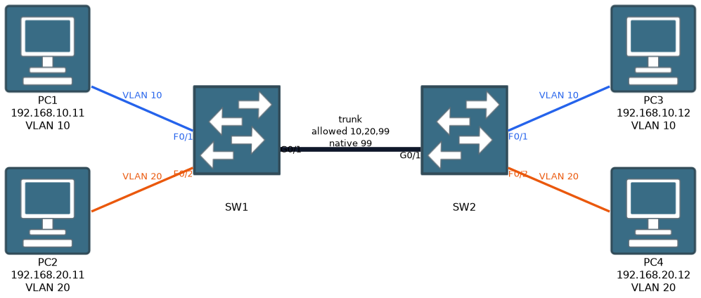 Two switches joined by one trunk that carries VLAN 10 and VLAN 20 traffic.